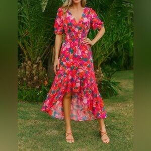 Anthropologie ABEL THE LABEL Multicolor Rayon Floral Print Hi Low MIDI Dress